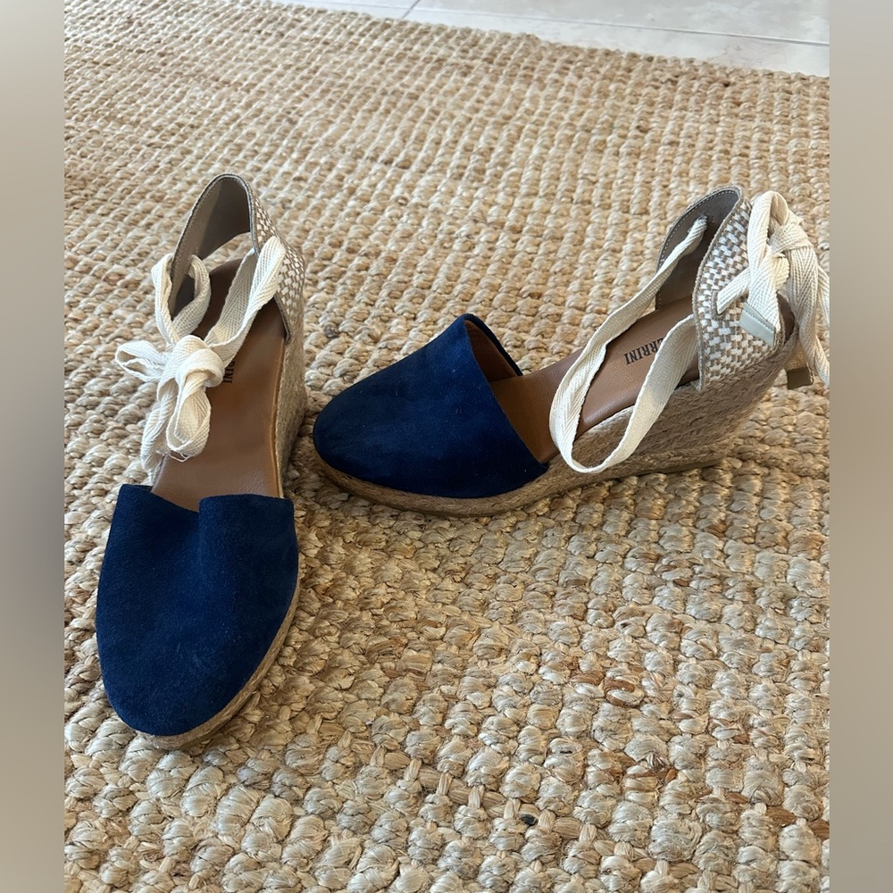 BRUNO FERRINI Navy Blue suede Espadrille Wedge Shoes NWT SIZE 39